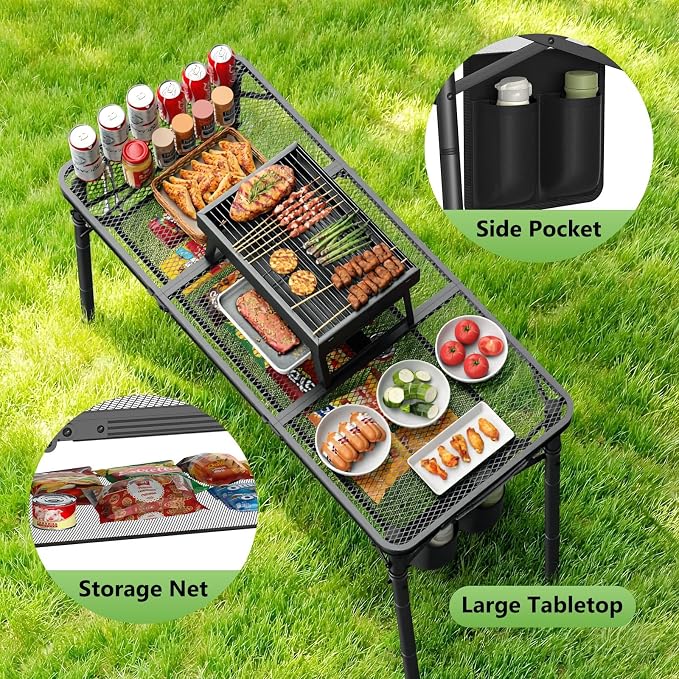 Raynesys Tri-fold Camping Table, 35.43"x15.75", Aluminum Frame Folding Tables, 3 Heights Adjustable Grill Table with Storage Bag, Portable Handle for Picnic Cooking BBQ Camping Outdoor, Black