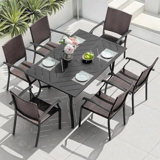NUU GARDEN 7-Piece Outdoor Patio Dining Set, 6 Wicker-Style Dining Chairs and 61 x 37 Inch Rectangular Table with Umbrella Hole, Patio Furniture for Deck, Garden, Backyard, Indoor & Outdoor, Black