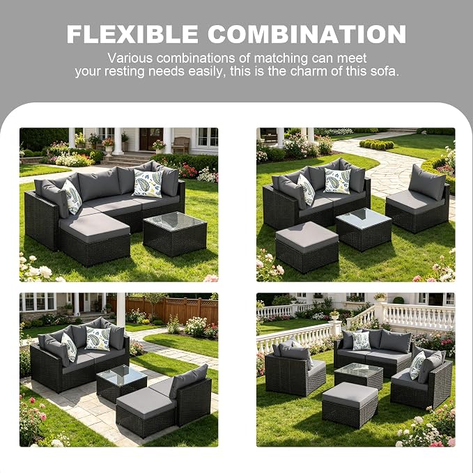 5 Piece Patio Furniture Sets, Outdoor Patio Set Sectional Sofa, All-Weather PE Rattan Couch with Cushion, Glass Table for Gatherings, Parties, Sports Viewing (Gray, 5-Piece Set)