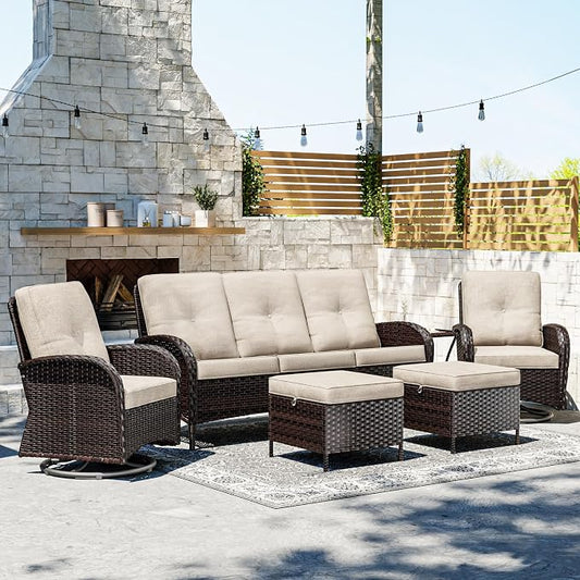 Joyside Wicker Patio Furniture Set, 6 Piece Outdoor Furniture Set with Thickened Cushions, High Back, Deep Seating, Wide Armrest, Outdoor Swivel Rocker Chairs for Porch, Deck