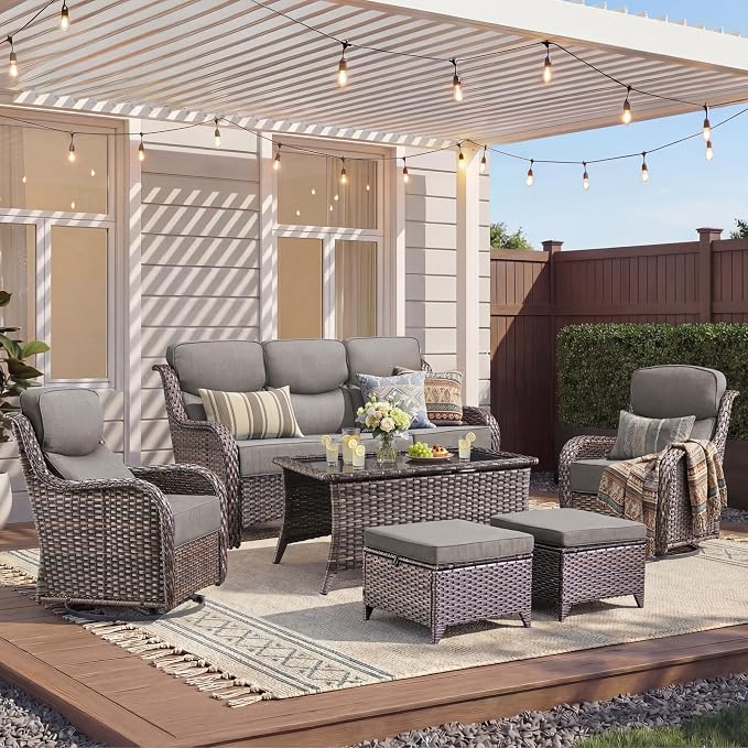 Luxury 6 Pieces Outdoor Patio Furniture Set-All Weather Wicker Outdoor Furniture with Swivel Rocker Patio Chairs 6-inch Extra Thick Cushions Wicker Conversation Set for Garden Porch(Brown/Grey)