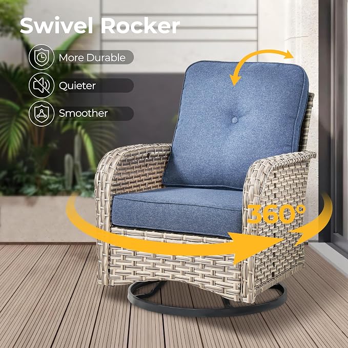 HOOOWOOO Outdoor Patio Bistro Set,3 Pieces Wicker Out Door Swivel Rocking Chair with Matching Side Table,Patio Furniture Sets,Denim Blue