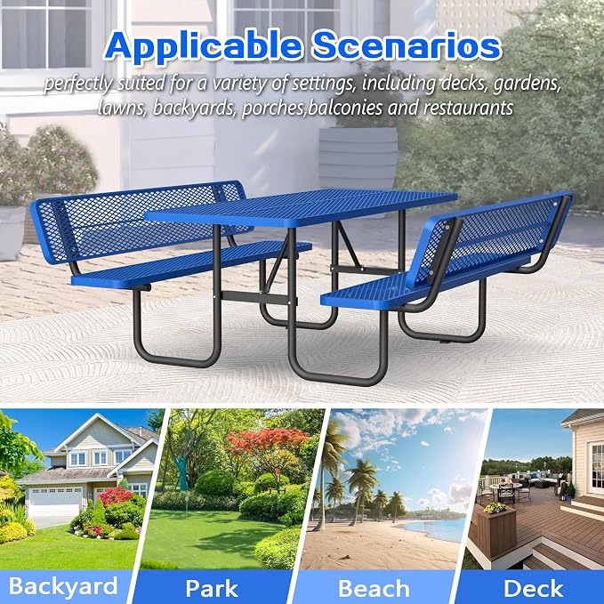 72'' Heavy Duty Outdoor Picnic Table with Backrest - Commercial Grade Rectangular Steel Picnic Table Set, Umbrella Hole, Rust-Resistant Metal Mesh Tabletop for Patio, Garden, Park, BBQ - Blue