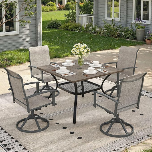 5 Pieces Patio Dining Set, Outdoor Furniture of 37.8" Square Patio Table and Patio Swivel Chairs for Backyard Lawn Garden, Grey Table and Grey Chairs