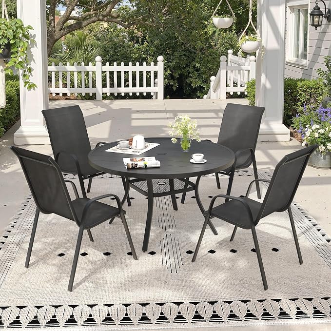5 Pieces Outdoor Dining Set, 40.6" Round Table with Umbrella Hole & Stackable Patio Dining Chairs, Patio Table and Chairs Set for Deck Garden Porch, Black Chairs & Black Table