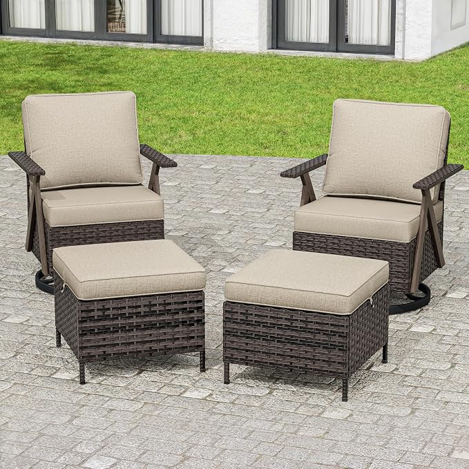 Outdoor Swivel Rocker Chairs Set of 4, Wicker Swivel Patio Chair with Ottomans, Patio Furniture Set for Outside Backyard