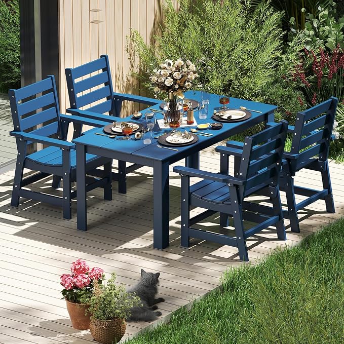 IVY&LANE Outdoor Dining Table | HDPE | 67’’ Rectangle Tables | Blue | All Weather | Umbrella Hole | Patio Furniture | for Poolside Lawn Garden Backyard