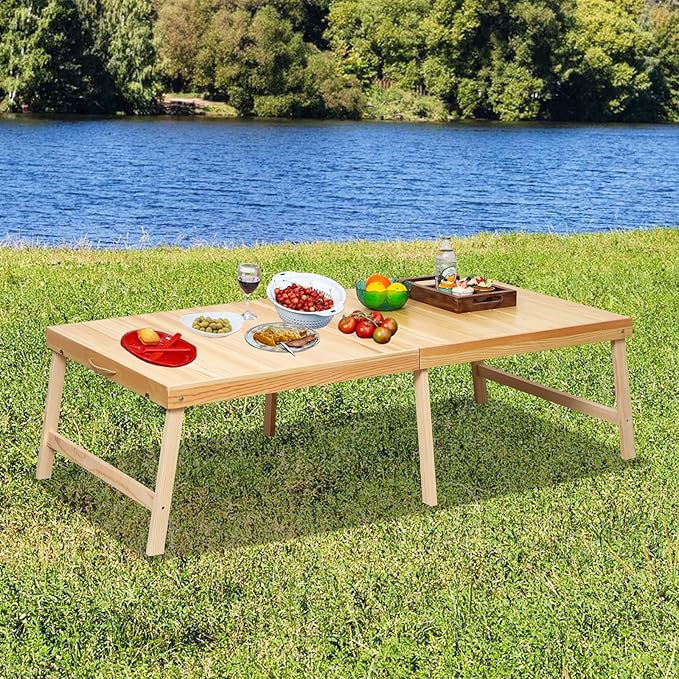 Foldable Boho Wooden Picnic Table, No Assembly Required 60" x 30" Portable Outdoor Indoor Low Picnic Table for Floor Camping, Seating, Beach, Backyard, BBQ, Seats 6–8 People