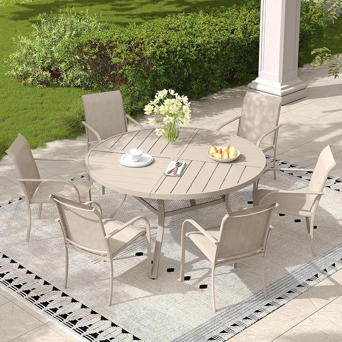 7 Pieces Outdoor Dining Set, Stackable Textilene Paito Chairs & 47.1" Round Dining Table with Umbrella Hole and Shelf, Patio Dining Set for Backyard, Deck, Garden, Sandshell