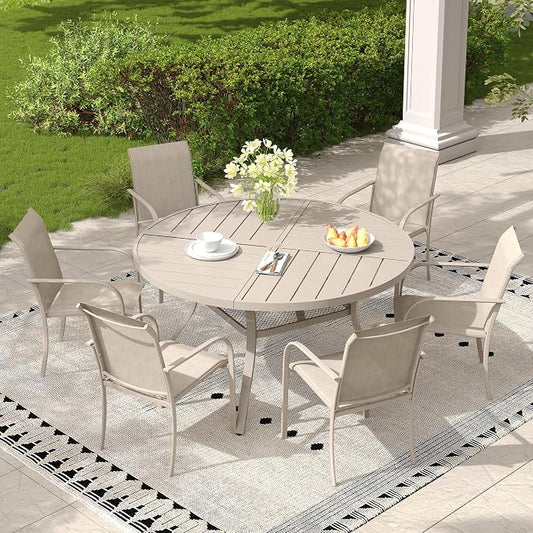7 Pieces Outdoor Dining Set, Stackable Textilene Paito Chairs & 47.1" Round Dining Table with Umbrella Hole and Shelf, Patio Dining Set for Backyard, Deck, Garden, Sandshell