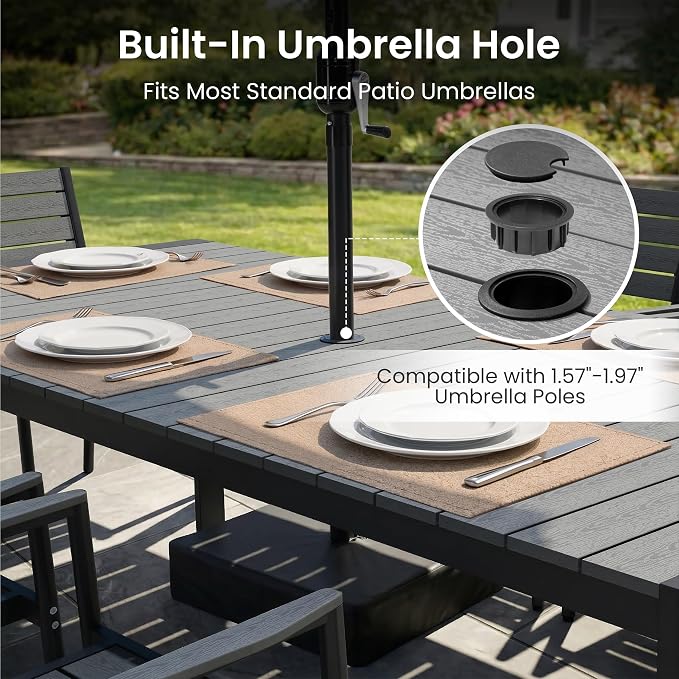 9-Piece Outdoor Dining Set, 83" Rectangular Table and Stackable Armchairs | Aluminum Frame Umbrella Hole and Arm All-Weather Wood Grain Patio Furniture for 8 for Garden, Patio, Backyard (Grey)