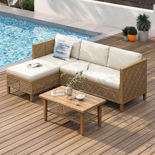 PHI VILLA Outdoor Sectional Couch, Wicker Patio Furniture Set with Acacia Wood Coffee Table, L-Shape Small Outdoor Conversation Corner Sofa Set for Deck Porch, Beige
