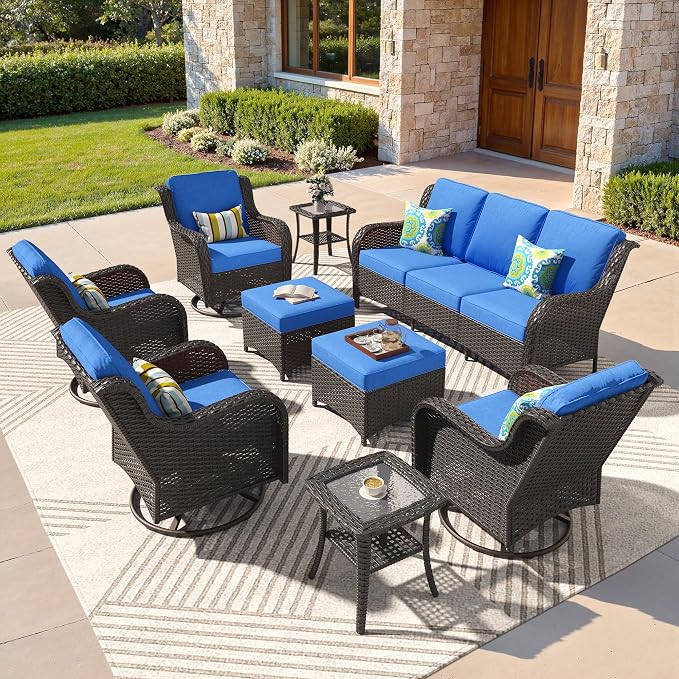 ovios 9-Piece Patio Furniture Set with Swivel Chairs Side Table, Outdoor Wicker Sofa with Comfy Cushions, High Back Couch Modern Conversation Sets, Brown/Navy Blue