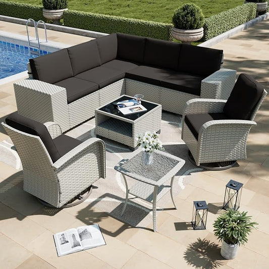 9-Piece Outdoor Patio Furniture Set, Modular Sectional Sofa Set with Swivel Rocker Chairs, Wicker Outdoor Couch Conversation Sets w/Coffee Table and Cushions, Black