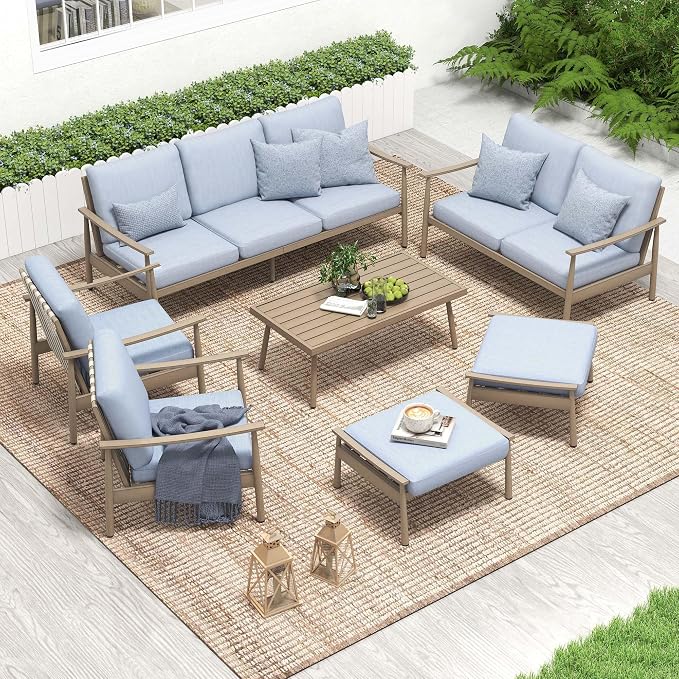 HAPPATIO Patio Outdoor Furniture Set - 7 Pieces Aluminum Outdoor Conversation Set Includes 1 Three-Seater Sofa, 1 Coffee Table, 1 Loveseat, 2 Armchairs and 2 Ottomans for Porch, Yard, Lawn (Brown)