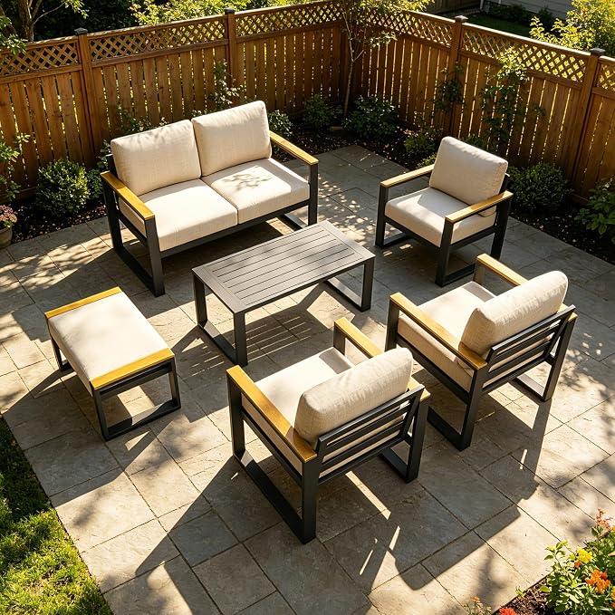 IDEALHOUSE Aluminum Patio Furniture Set, 6 Seats Outdoor Patio Conversation Sets with Coffee Table, 6 Pieces Metal Conversation Sectional Furniture Sofa for Balcony, Garden, Deck, Backyard,Beige