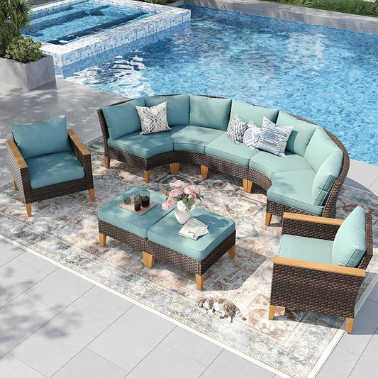 PHI VILLA 7-Piece Wicker Patio Furniture Set, Outdoor Half-Moon Curved Sectional Sofa with Thick Aqua Blue Cushions, 2 Ottomans, 2 Single Seats, Large Conversation Seating for Garden or Backyard