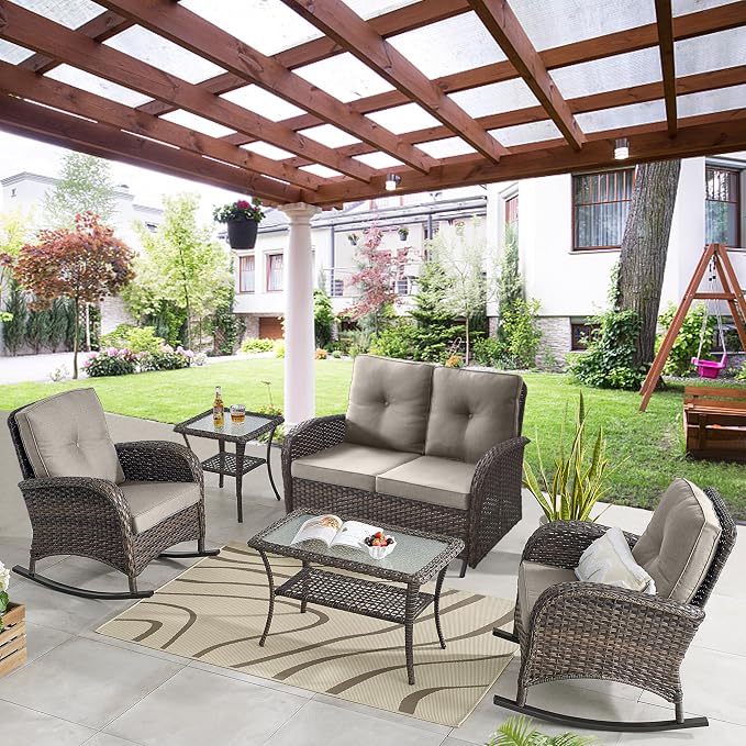 Belord 5 Piece Outdoor Conversation Patio Furniture Set - All-Weather Wicker Patio Rocking Chairs with Loveseat Glider Chair and Coffee Table for Patio Deck Porch Backyard Gray Cushion