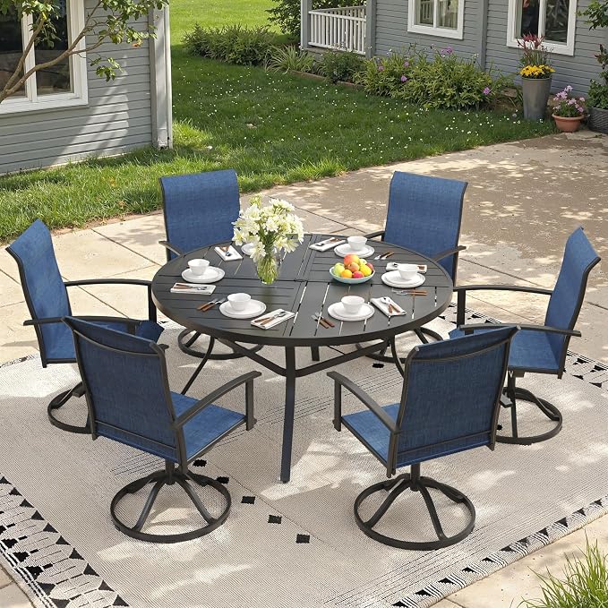 7 Pieces Round Outdoor Table and Chairs Set, Patio Dining Set with 50" Round Spliced Outdoor Table and Patio Swivel Chairs for Backyard Lawn Garden, Black Table and Dark Blue Chairs