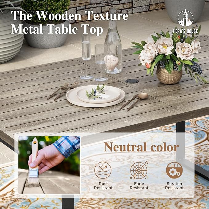 HERA'S HOUSE 7pc Outdoor Patio Dining Set, Wood-Look Metal Table, Brown | 6 textilene chairs, 64" rectangular table with umbrella hole. Waterproof, rust-resistant, all-weather for yard, porch