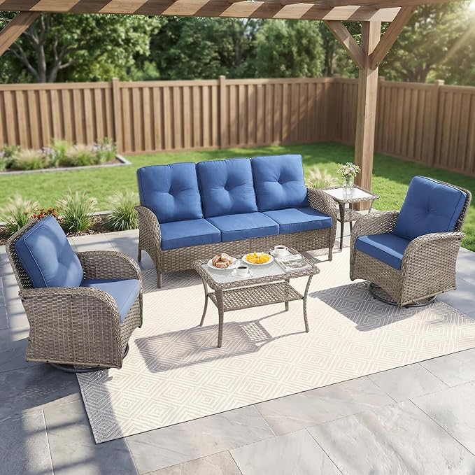 5 Piece Patio Furniture Sets - Wicker Patio Conversation Sets with Swivel Glider, 3 Seat Sofa, Tempered Glass Side Table and Coffee Table for Deck Backyard - Grey Wicker Blue Cushion