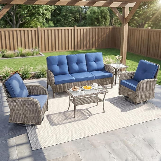 5 Piece Patio Furniture Sets - Wicker Patio Conversation Sets with Swivel Glider, 3 Seat Sofa, Tempered Glass Side Table and Coffee Table for Deck Backyard - Grey Wicker Blue Cushion