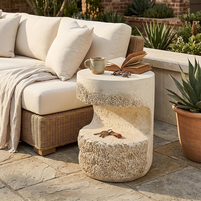 Merax Outdoor Patio Side Table, Modern Organic MGO Round Accent Side Table, 20.25" Height Small End Table with Beige Tone Travertine-Look Textured for Poolish Garden Balcony