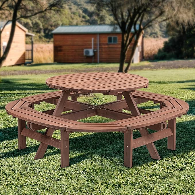 10-12 Person Round Outdoor Table and Chairs for Patio, Backyard, Wooden Garden Picnic Table with Ring Benches