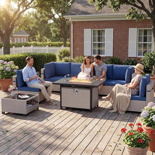 Patio Furniture Set, 8-Piece Outdoor Sectional Sofa with 60,000 BTU Fire Pit Table & 2-Layer Glass Coffee Table, Wicker Patio Conversation Set with Blue Cushions