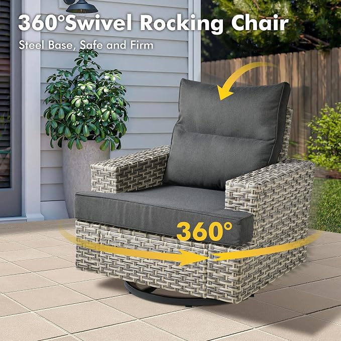 Weaxty 9 Pieces Wide Seats Outdoor Furniture Set, Sectional Couch Swivel Rocking Chair Ottoman Fire Pit Table, Thick Cushion All-Weather Rattan Patio Conversation Sets for Backyard Deck, Black