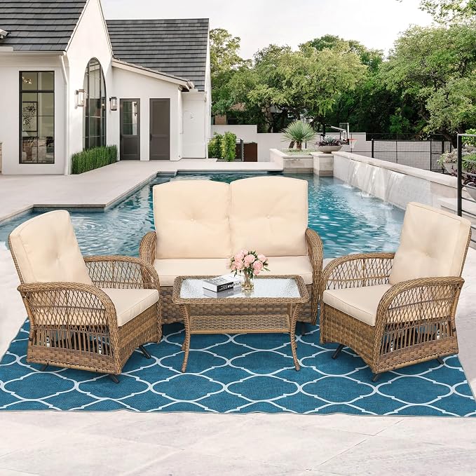 MEETWARM 4 Pieces Outdoor Wicker Patio Conversation Sets with Glider Loveseat, 2 Chairs with Glass-Top Coffee Table Rocking Glider Set, Wicker Conversation Set with Thickened Cushions