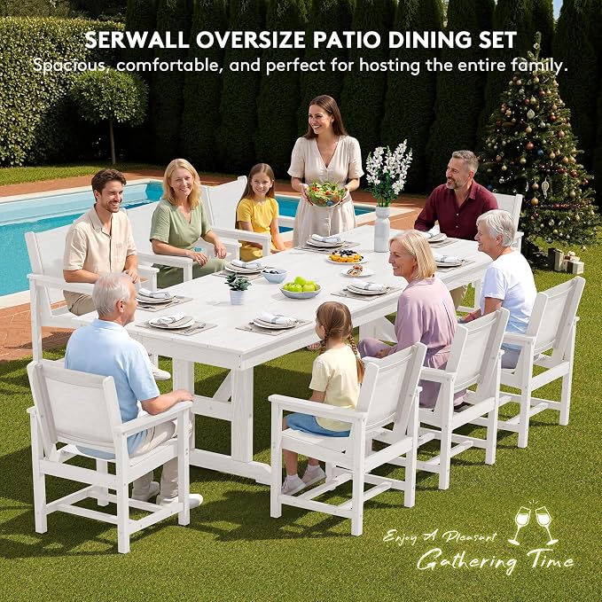 SERWALL 9 Piece 84" HDPE Outdoor Dining Set for 8 with Textilene Chairs and Umbrella Hole, White