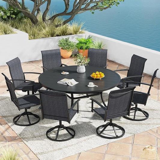 9 Pieces Outdoor Patio Dining Table Set, 60" All Weather Round Metal Table with Umbrella Hole and 8 High Back Textilene Swivel Chairs for Garden, Lawn, Poolside, Black