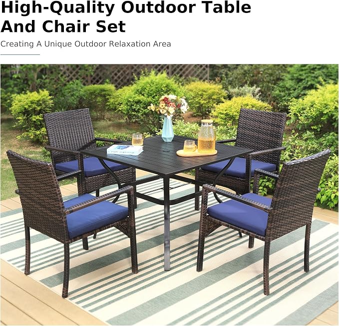 MFSTUDIO 5 Piece Patio Dining Set for 4, Outdoor 37" Square Dining Table with Cushioned Chairs, Deck Dining Furniture Set with Umbrella Hole, Wicker Chairs and Table for Porch, Backyard