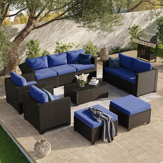 Aoxun 10 Piece Outdoor Patio Furniture Set 9 Seats, Outdoor Sectional with Thick Waterproof Cushions, Patio Conversation Sets for Garden,Backyard, Porch, Balcony, Black & Blue