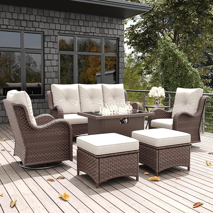 LayinSun 7 Pieces Outdoor Patio Furniture Set with Fire Pit Table, Rattan Wicker Sectional Swivel Rocker Chairs Sets with Ottomans, Swivel Glider Chairs and Coffee Table