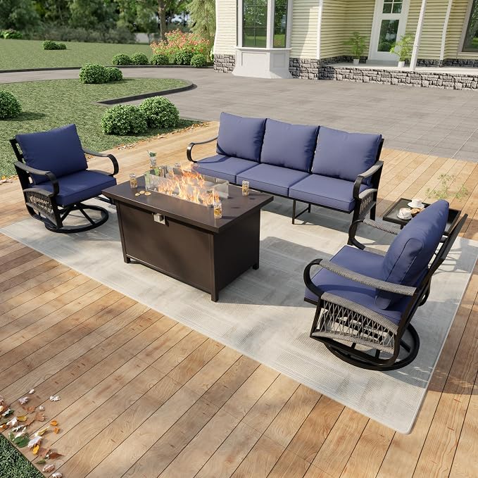 5 Pieces Modern Patio Furniture Set, All Weather Metal Outdoor Conversation Sets with Fire Pit Table for Backyard Garden Deck Porch Poolside, Blue