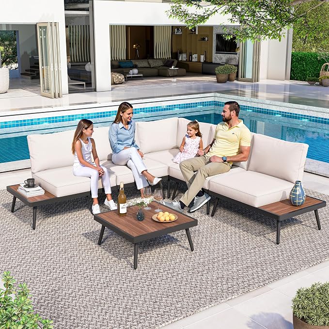 LAUSAINT HOME L-Shaped Outdoor Furniture Set, 6 Pieces PE Rattan Patio Conversation Set, Rustproof Steel Sectional Sofa with Thickened Cushions & Coffee Table for Patio, Garden, Poolside and Balcony