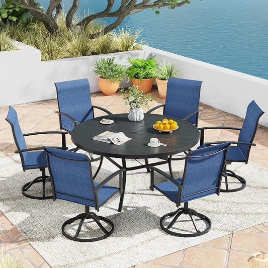 7 Pieces Outdoor Patio Dining Table Set, 50" All Weather Round Metal Table with Umbrella Hole and 6 High Back Textilene Swivel Chairs for Garden, Lawn, Poolside, Black Table & Blue Chairs