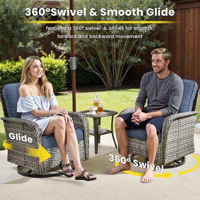 8 Pieces Outdoor Patio Furniture Set with Coffee Table, All Weather Wicker Patio Conversation Sets with Rocking Chairs, Balcony Furniture Sets for Backyard, Garden, Poolside, Denim Blue