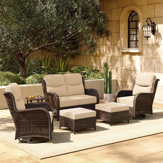 HILLGA 6-Piece Luxury Patio Furniture Set with 6" Thick Cushions, Weather-Resistant Wicker High Back Swivel Rocker Chairs, Senior-Friendly Outdoor Loveseat Set for Deck, Yard and Poolside, Beige(V2)