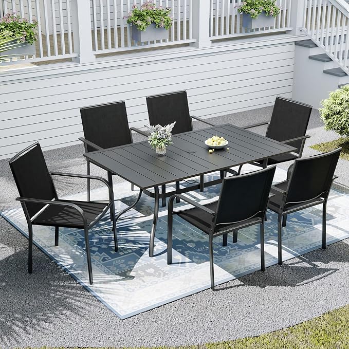 6-Piece Outdoor Dining Set with Umbrella Hole,63"x 38" Patio Table and Stackable Chairs Set for 6,Modern Garden Dining Set for Poolside Seaside Backyard