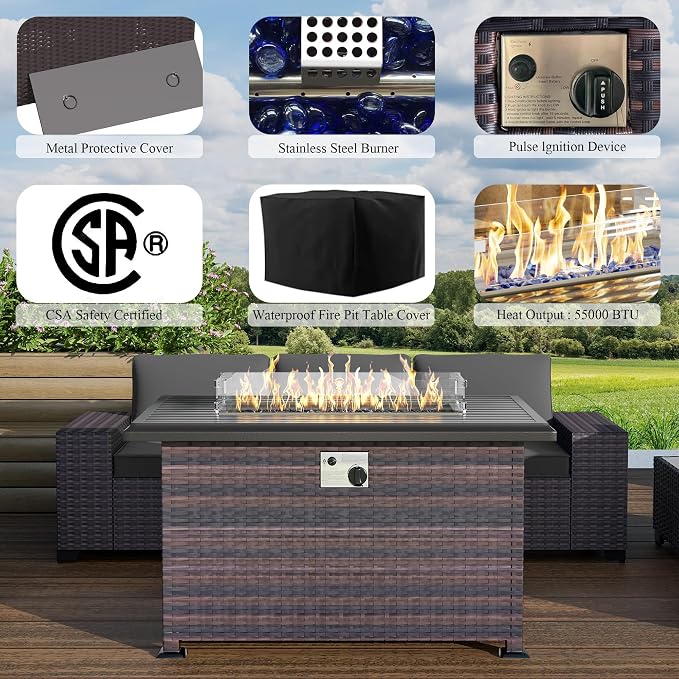 10 PCS Outdoor Patio Furniture Set,Outdoor Sectional Furniture with 43" 55000 BTU Gas Propane Fire Pit Table,All Weather PE Rattan Wicker Patio Conversation Set,Swivel Rocking Chairs Set,Grey