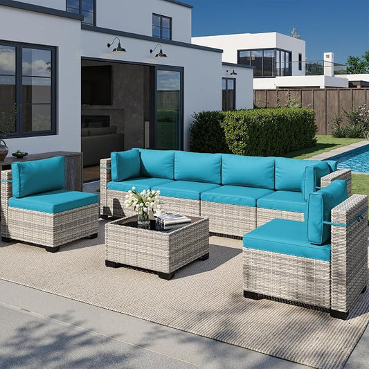 7-Piece Outdoor Patio Furniture Set, PE Wicker Rattan Sectional Sofa Conversation Set with Tempered Glass Table & Thick Cushions - All-Weather Garden, Backyard Furniture, Turquoise