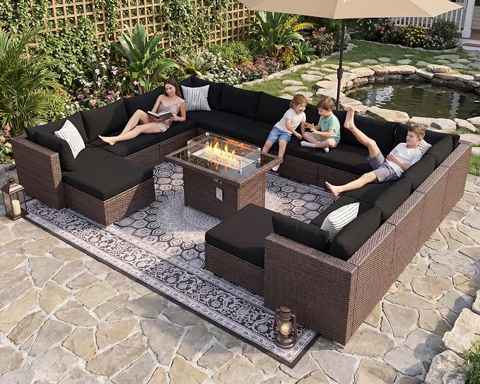 BULEXYARD 15 Piece Highback Wicker Patio Furniture Sets with Firepit, All-Weather Heavy Duty Outdoor Conversation Set Modular, Extra Deep Wide 14-Seats Sectional Couch Sofa for Backyard, Brown & Black