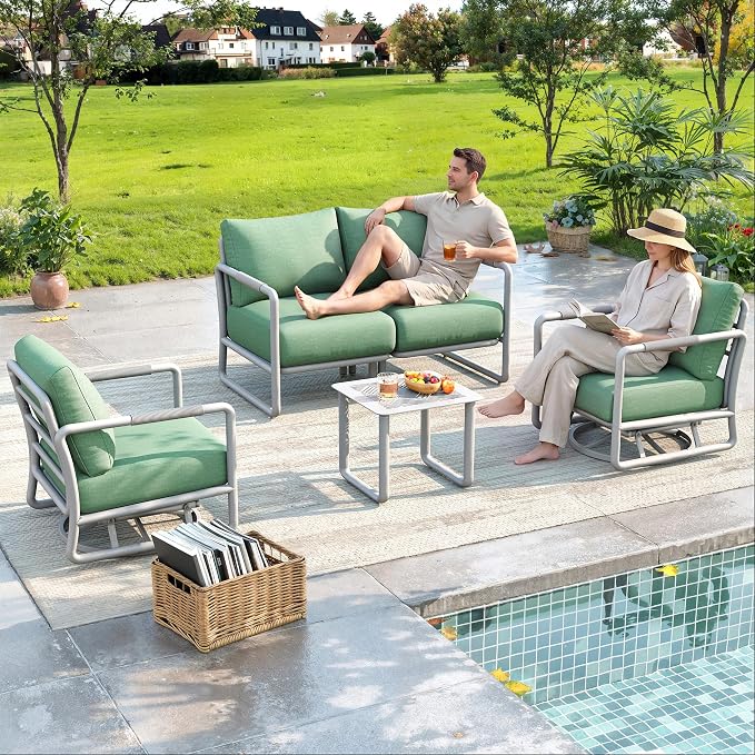 4-Seat Outdoor Aluminum Patio Set with Coffee Tables & 2 Swivel Rocking Chairs, All-Weather Conversation Sofa for Balcony, Garden (White)