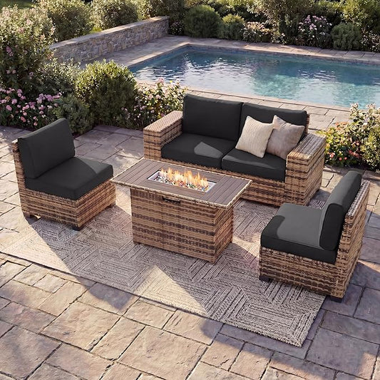 UDPATIO Patio Furniture Set with Fire Pit Table, 8 Inch Armrest Outdoor Sectional Sofas, 5 Piece All-Weather Wicker Conversation for Garden, Backyard