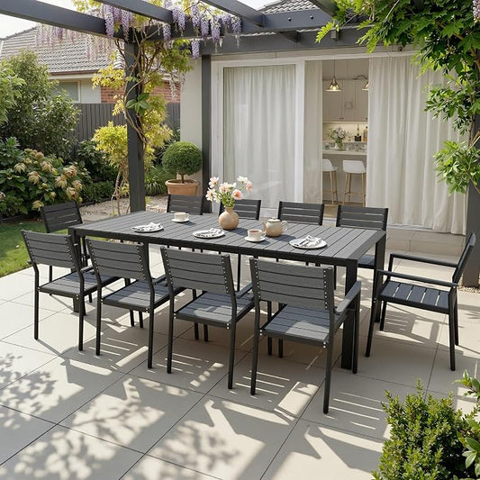 11-Piece Outdoor Dining Set, 95" Patio Table and Stackable Armchairs | Aluminum Frame Adjustable Umbrella Hole & All-Weather Wood Grain Tabletop for Garden, Patio, Backyard (Grey)
