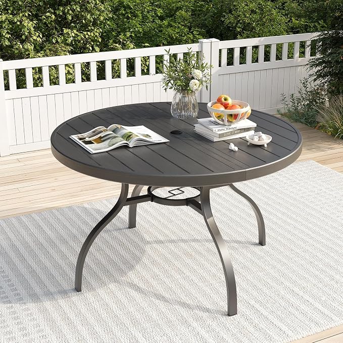 41" Round Outdoor Dining Table for 4, Metal Round Patio Table with Umbrella Hole, All-Weather Outdoor Patio Dining Table for Lawn Garden Deck Backyard (Black)