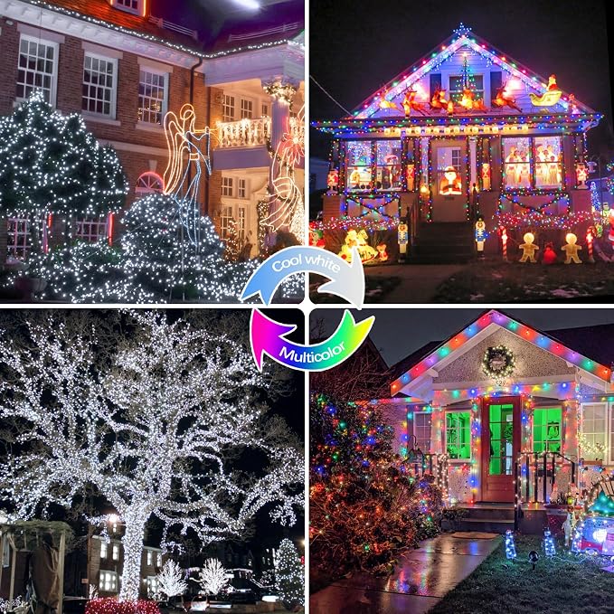 Solar Fairy Lights, 2 Pack Total 400LED 144FT Cool White to Multicolor | Waterproof Color Changing Solar String Lights Outdoor, Silver Wire, 8 Modes Solar Twinkle Lights for Tree Garden Yard Decor